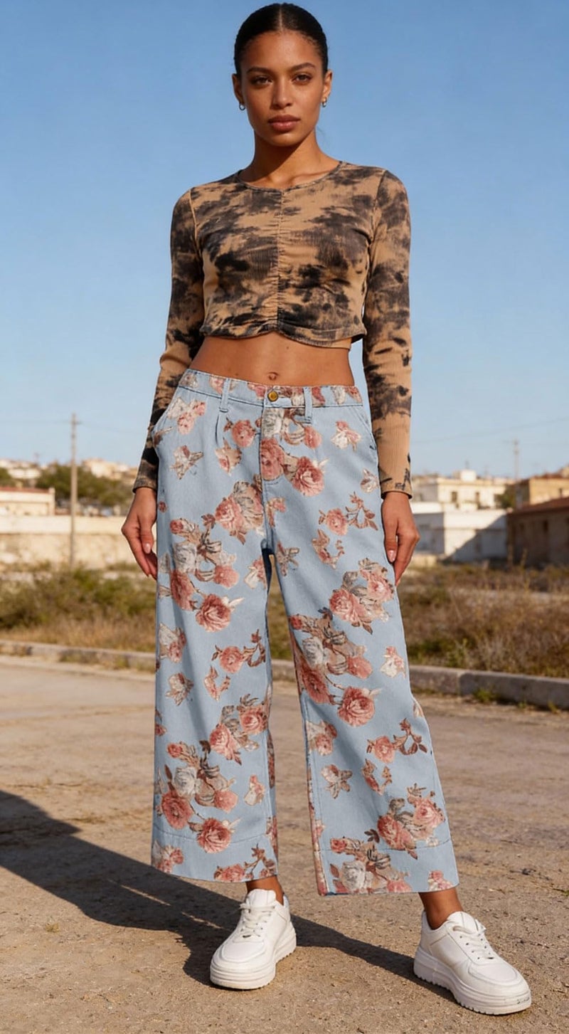 loveimgs Women Mid Rise Cropped Wide Leg Jeans Baggy Floral Ankle Pants Denim Capris Flare Print Boho Palazzo Jeans Boyfriend (X-Large,Light Blue) - Image 3