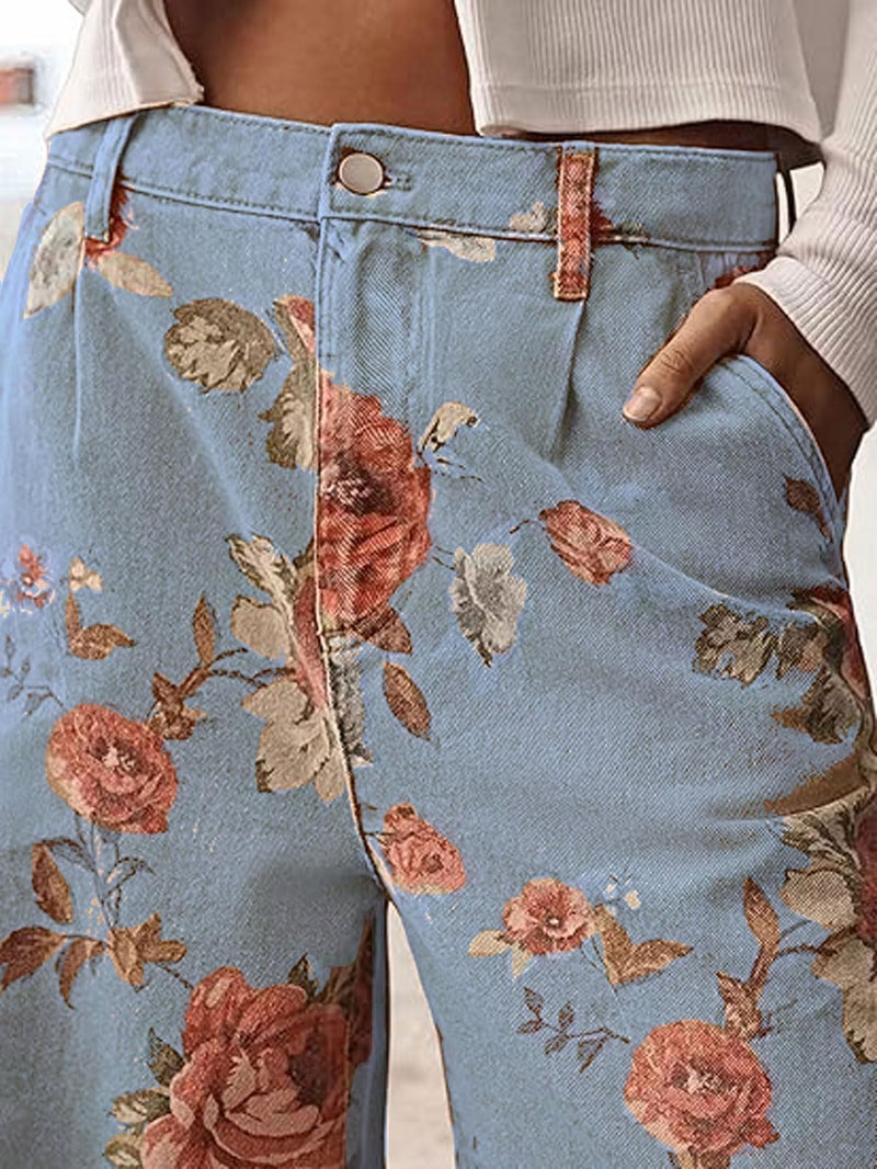 loveimgs Women Mid Rise Cropped Wide Leg Jeans Baggy Floral Ankle Pants Denim Capris Flare Print Boho Palazzo Jeans Boyfriend (X-Large,Light Blue) - Image 4