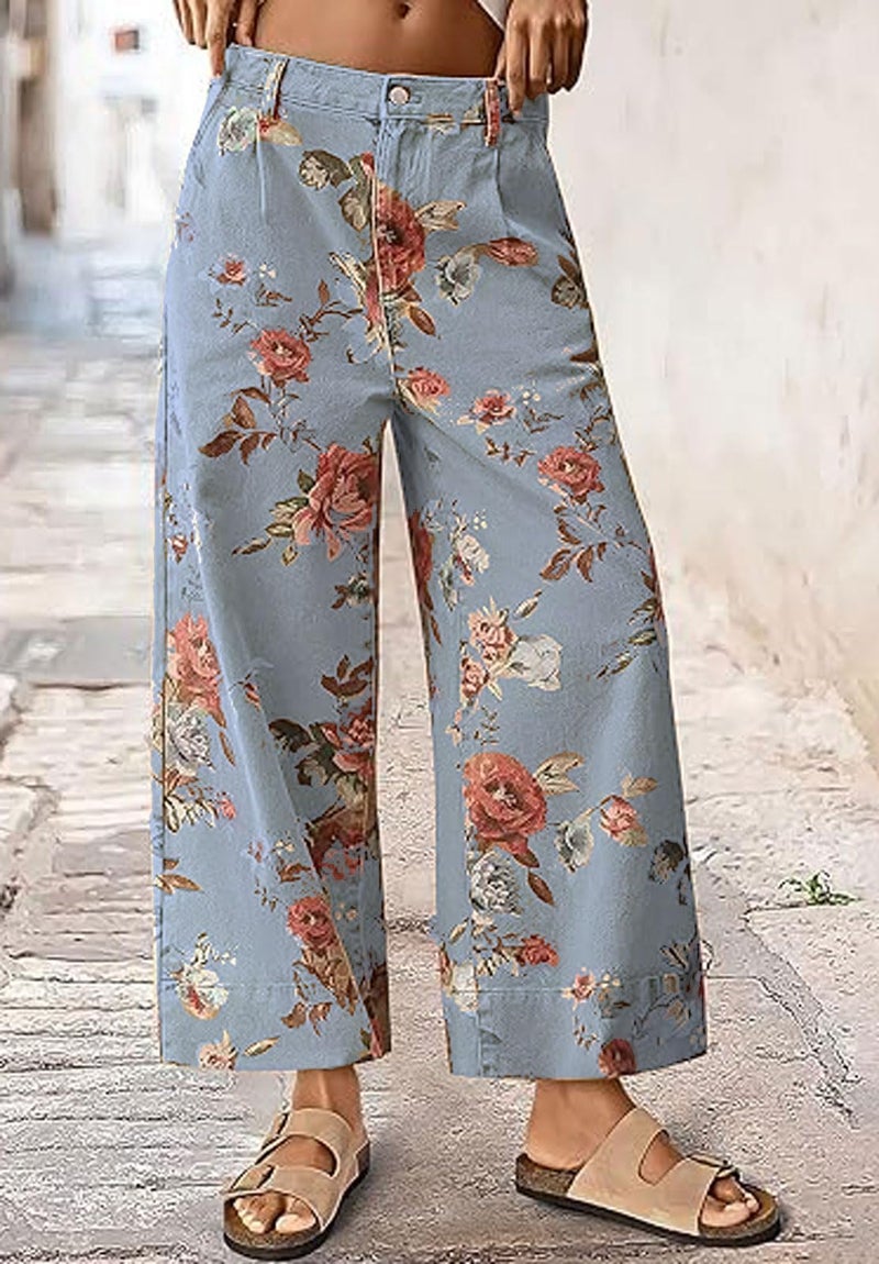 loveimgs Women Mid Rise Cropped Wide Leg Jeans Baggy Floral Ankle Pants Denim Capris Flare Print Boho Palazzo Jeans Boyfriend (X-Large,Light Blue) - Image 2
