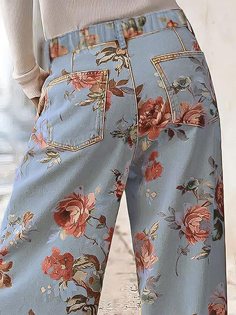 loveimgs Women Mid Rise Cropped Wide Leg Jeans Baggy Floral Ankle Pants Denim Capris Flare Print Boho Palazzo Jeans Boyfriend (X-Large,Light Blue) - Image 5
