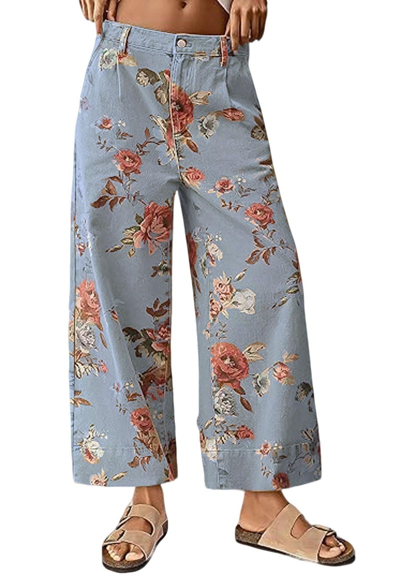 loveimgs Women Mid Rise Cropped Wide Leg Jeans Baggy Floral Ankle Pants Denim Capris Flare Print Boho Palazzo Jeans Boyfriend (X-Large,Light Blue) - Image 1