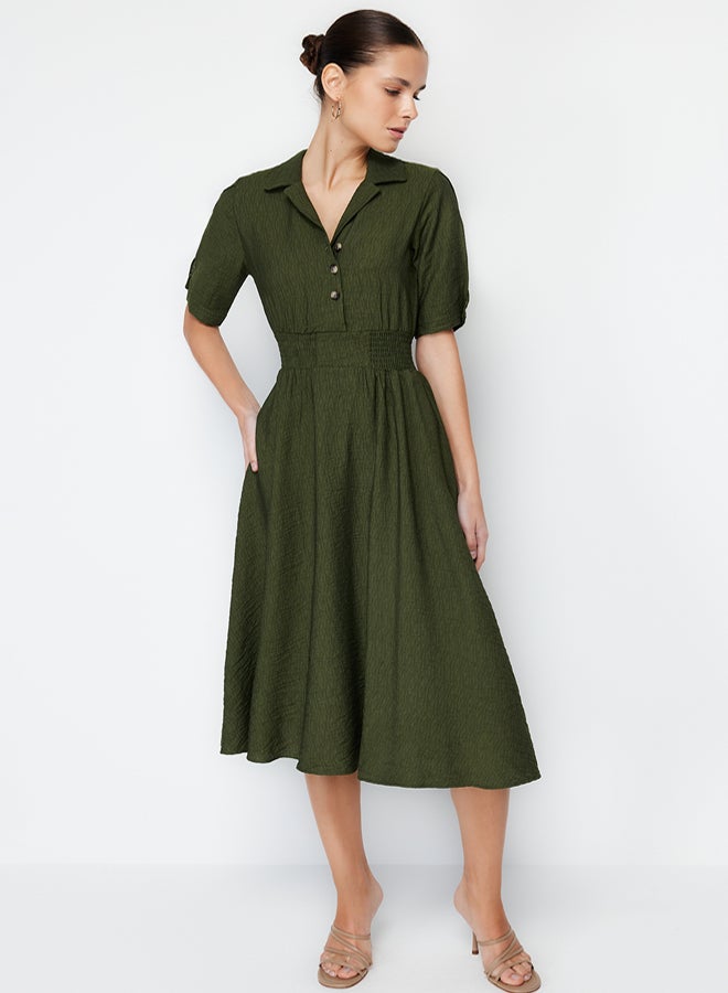 trendyol Khaki A-line Shirt Collar Guiped Midi Woven Dress - Image 1