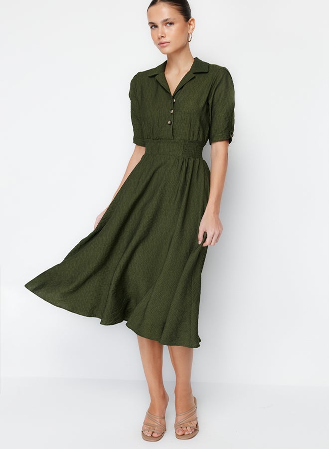trendyol Khaki A-line Shirt Collar Guiped Midi Woven Dress - Image 2