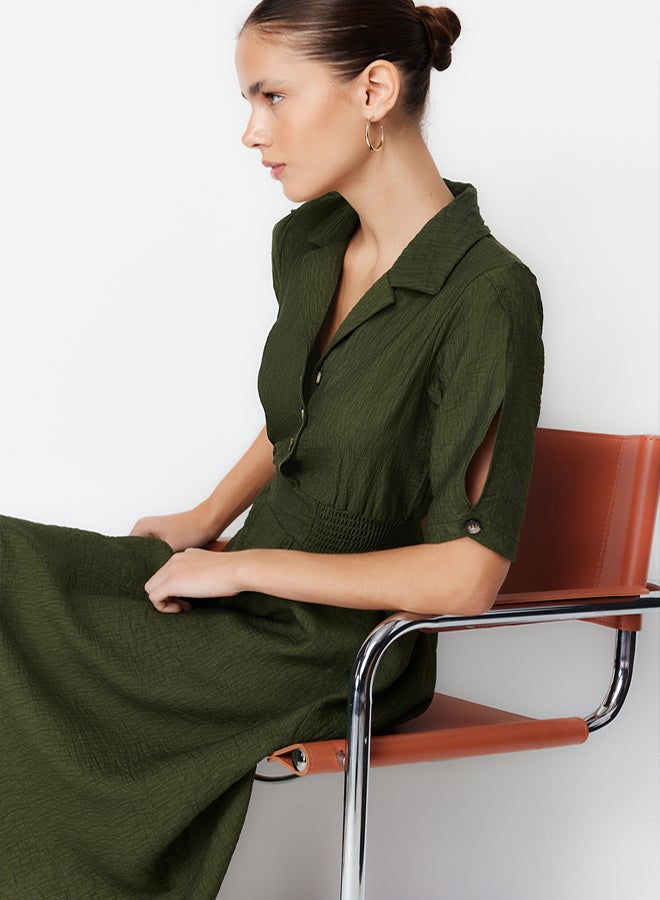 trendyol Khaki A-line Shirt Collar Guiped Midi Woven Dress - Image 5