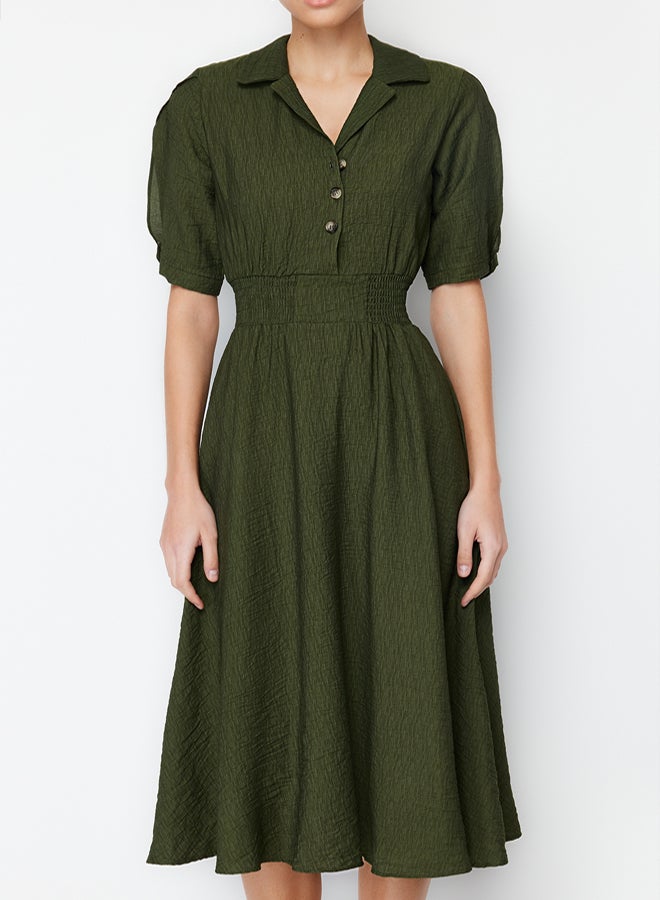 trendyol Khaki A-line Shirt Collar Guiped Midi Woven Dress - Image 3