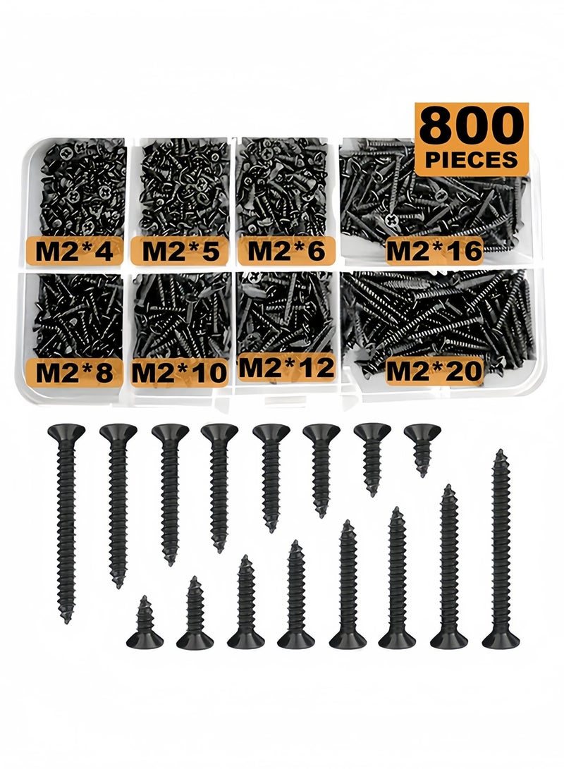 Baytak 800Pcs Self-Tapping Screw Kit, M2 Black Carbon Steel Flat Countersunk Cross Head Screws Assortment,4/5/6/8/10/12/16/20 mm Miniature Screws Set for Wood, Plastic and Soft Metal - Image 2