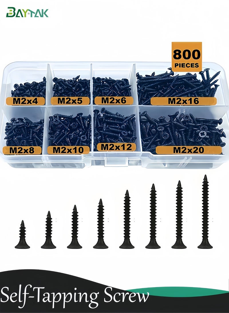 Baytak 800Pcs Self-Tapping Screw Kit, M2 Black Carbon Steel Flat Countersunk Cross Head Screws Assortment,4/5/6/8/10/12/16/20 mm Miniature Screws Set for Wood, Plastic and Soft Metal - Image 1