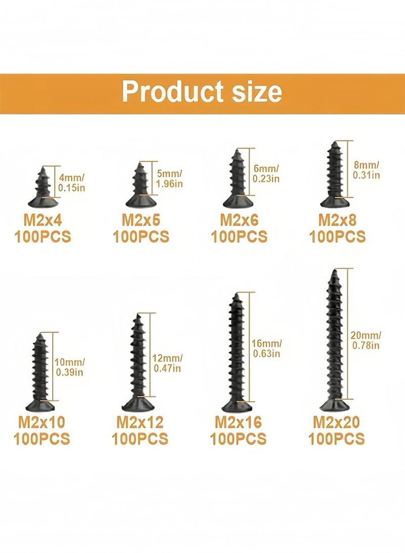 Baytak 800Pcs Self-Tapping Screw Kit, M2 Black Carbon Steel Flat Countersunk Cross Head Screws Assortment,4/5/6/8/10/12/16/20 mm Miniature Screws Set for Wood, Plastic and Soft Metal - Image 3