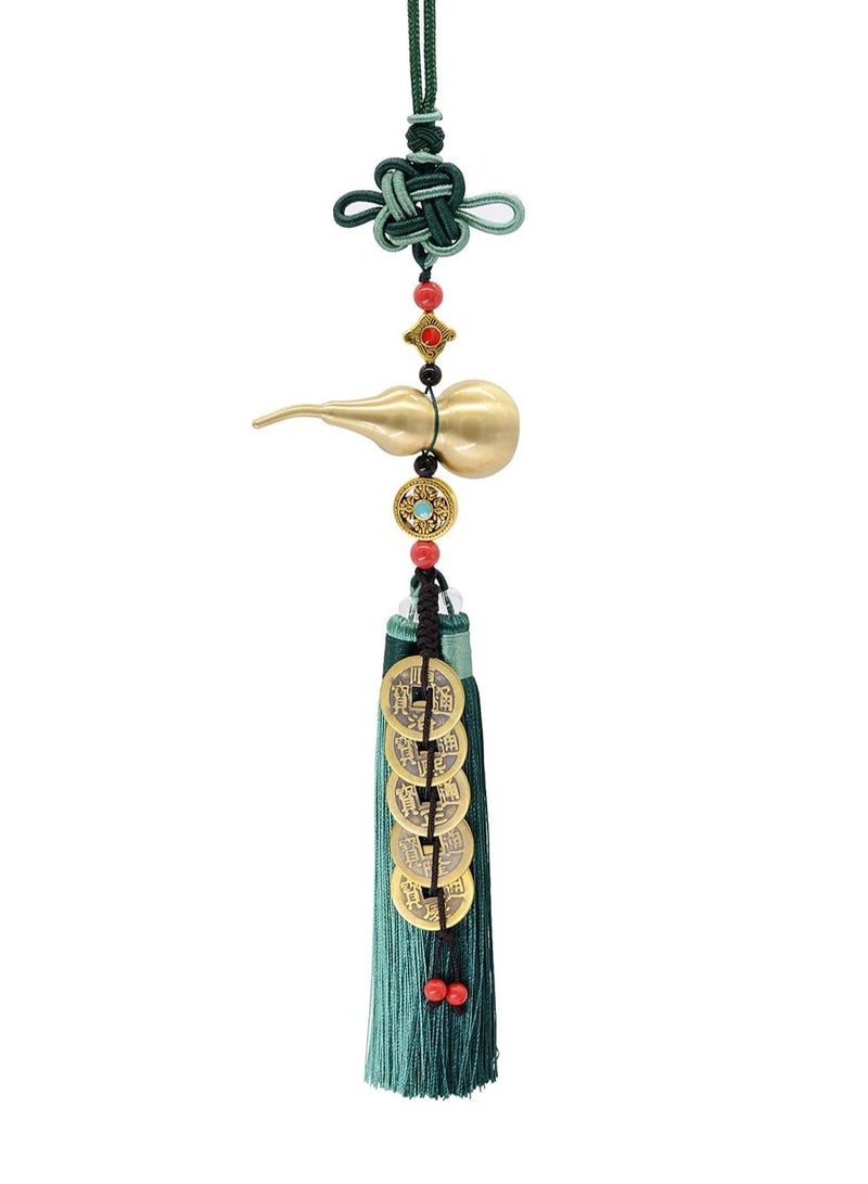 Bukela Chinese Knot Feng Shui Coins with Brass Calabash Hanging Decoration for Good Luck, Wealth Success and Longevity (Green) - Image 1