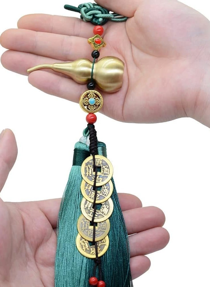 Bukela Chinese Knot Feng Shui Coins with Brass Calabash Hanging Decoration for Good Luck, Wealth Success and Longevity (Green) - Image 2