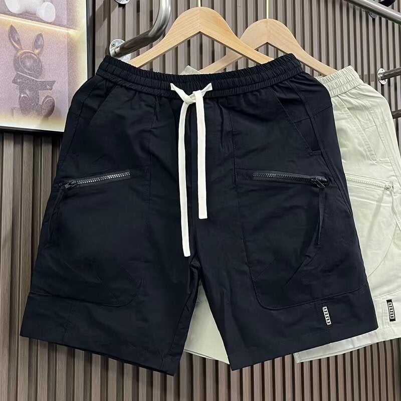Korean-style Shorts Mens New Internet-famous Fashionable All-match Trendy Brand Casual Crane Pants Quick-drying Solid Color Straight Pants leather black - Image 1