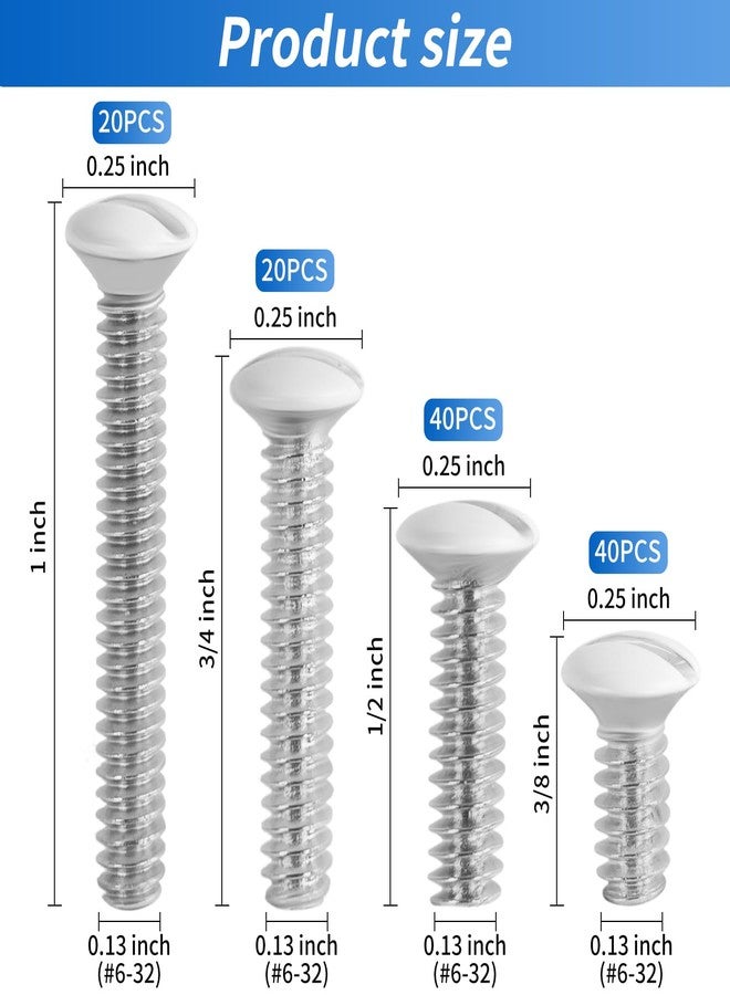 Ladinka 120PCS White Wall Plate Screws Kit - #6-32 Thread Outlet Cover & Switch Plate Fasteners with 4 Lengths (3/8" to 1") for Electrical Outlets, Light Switch Plates, and Faceplate Mounting - Image 2