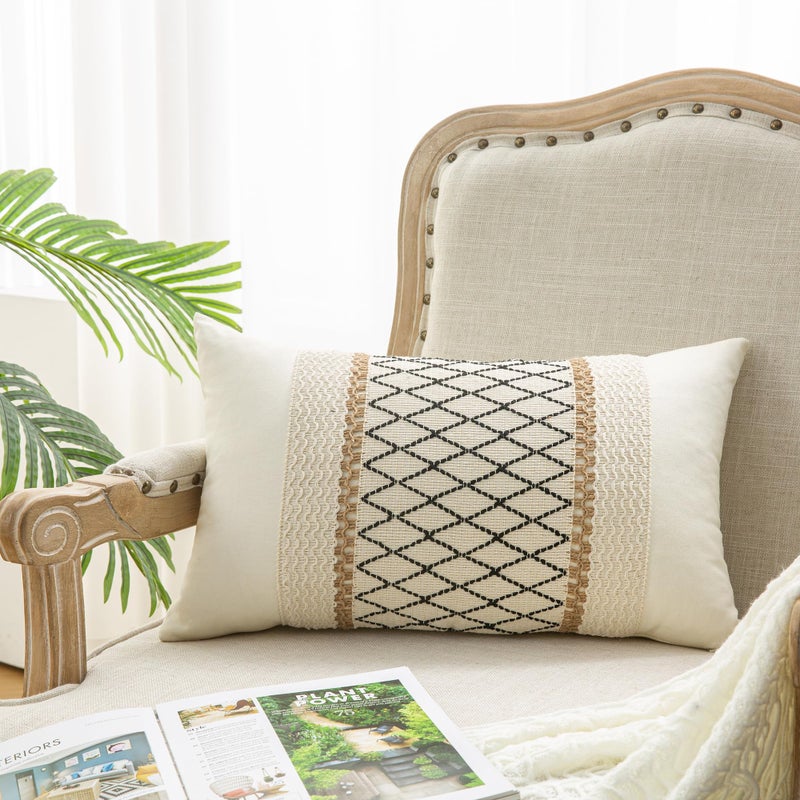Mayler Yee Lumbar Throw Covers تغطي 12 × 20 بوصة 1pc لـ Farmhouse غرفة المعيشة القطن والخيش المحكم مخططة مخطط أغطية وسادة بوهو المنسوجة (Beige & Black Grid) - Image 1