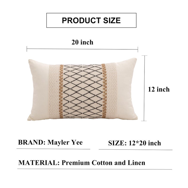 Mayler Yee Lumbar Throw Covers تغطي 12 × 20 بوصة 1pc لـ Farmhouse غرفة المعيشة القطن والخيش المحكم مخططة مخطط أغطية وسادة بوهو المنسوجة (Beige & Black Grid) - Image 3