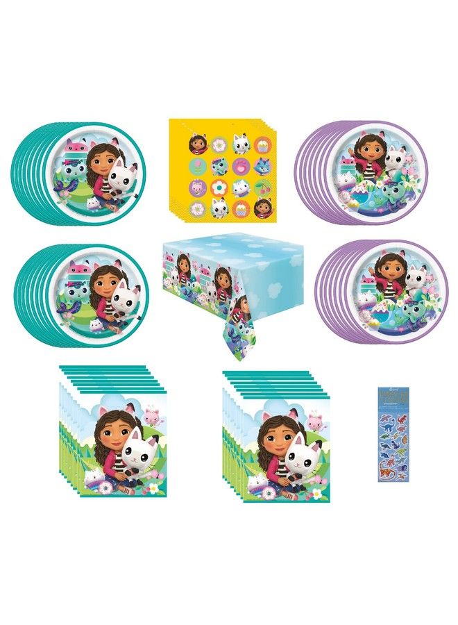 Unique حزمة مستلزمات حفلة عيد ميلاد دمى جابي تشمل 16 طبق كعكة حلوى 16 طبق غداء 16 مناديل 1 غطاء طاولة 16 حقيبة هدايا (حزمة لـ 16)  - Image 1