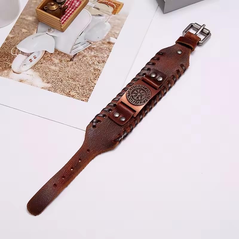THE MEN THING WAYFINDER VIKING BROWN - 38" mm Wide Genuine Leather Adjustable Cuff Bracelet with Stainless Steel Hook for Men & Boys - Image 5