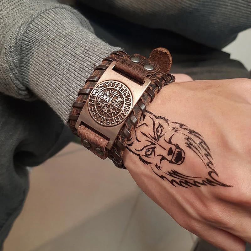 THE MEN THING WAYFINDER VIKING BROWN - 38" mm Wide Genuine Leather Adjustable Cuff Bracelet with Stainless Steel Hook for Men & Boys - Image 4