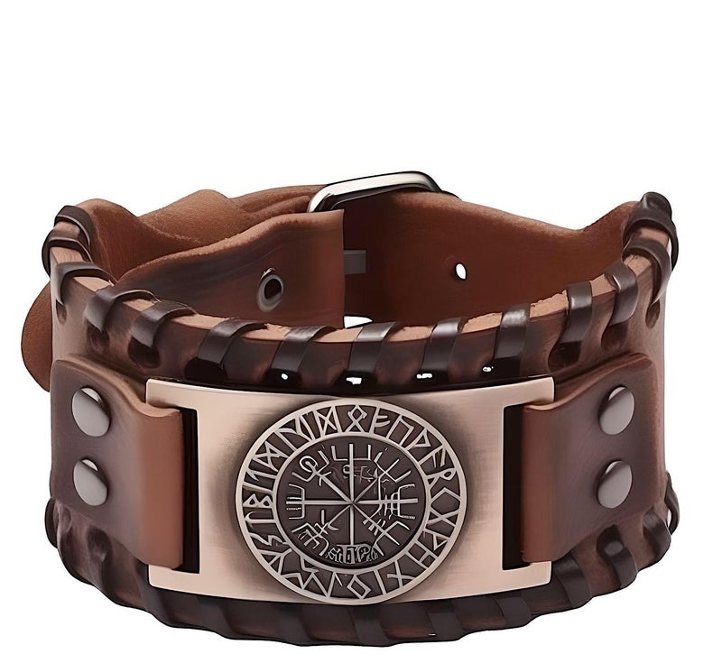 THE MEN THING WAYFINDER VIKING BROWN - 38" mm Wide Genuine Leather Adjustable Cuff Bracelet with Stainless Steel Hook for Men & Boys - Image 1