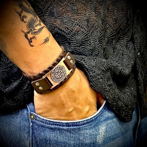 THE MEN THING WAYFINDER VIKING BROWN - 38" mm Wide Genuine Leather Adjustable Cuff Bracelet with Stainless Steel Hook for Men & Boys - Image 2