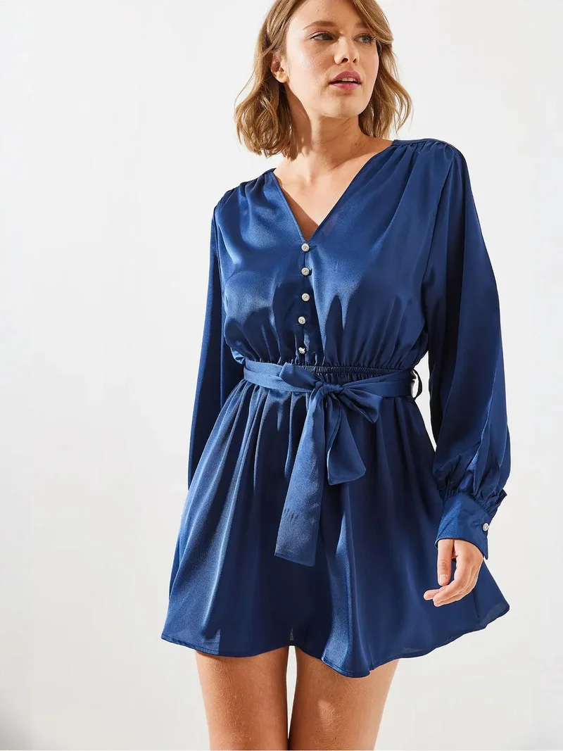 Bianco Lucci LUCCI V-neck Satin A-Form Midi Dress with Button Closure