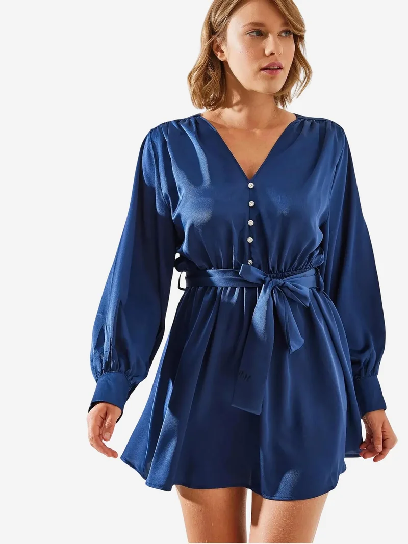 Bianco Lucci LUCCI V-neck Satin A-Form Midi Dress with Button Closure