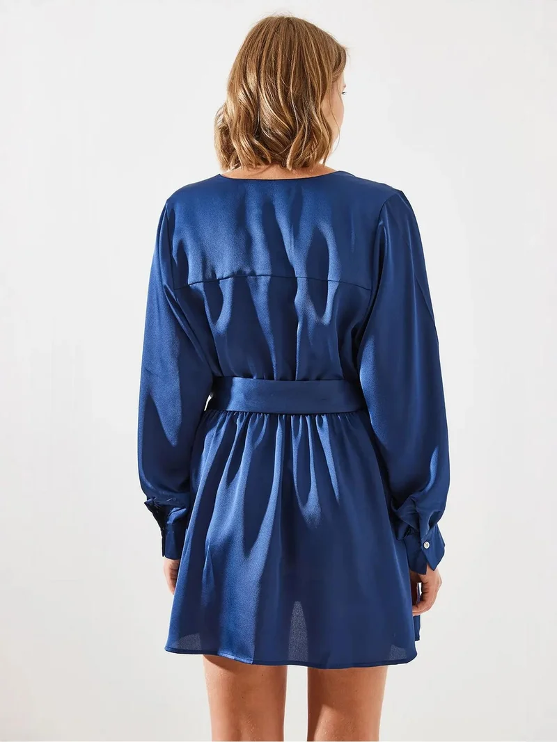 Bianco Lucci LUCCI V-neck Satin A-Form Midi Dress with Button Closure