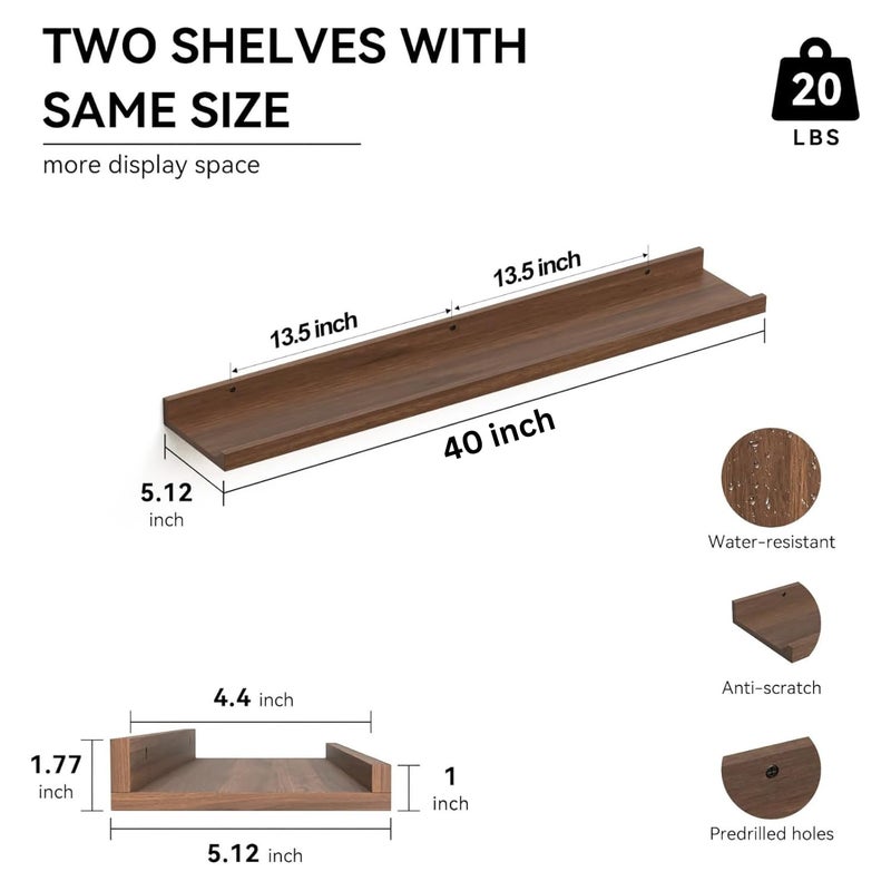 carpentray 40 Inches Long Floating Shelves Wall Mounted 2 Set Farmhouse Wall Shelf for Bedroom Nursery Book Shelf with Lip Picture Ledge Shelf for Wall Decor Living Room Dark Brown 40 Inch Long - Image 3