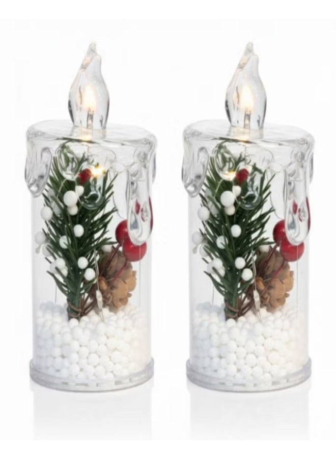 كاندل قطعتان من مصابيح شموع عيد الميلاد مع أضواء LED وأغصان الصنوبر الخضراء والتوت الأحمر وأكواز الصنوبر - ديكور منزلي احتفالي للأعياد (11 سم) - Image 1