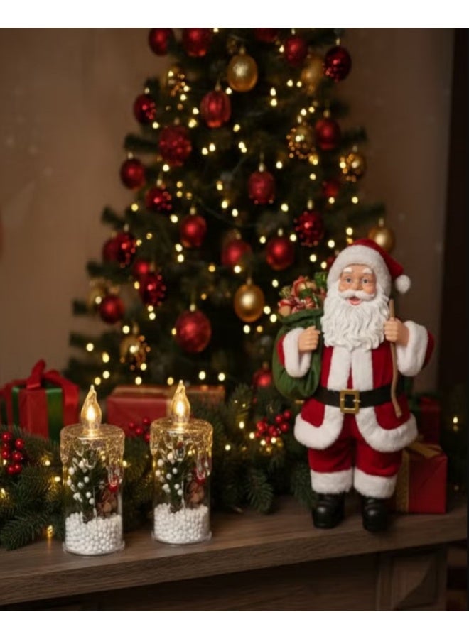 كاندل قطعتان من مصابيح شموع عيد الميلاد مع أضواء LED وأغصان الصنوبر الخضراء والتوت الأحمر وأكواز الصنوبر - ديكور منزلي احتفالي للأعياد (11 سم) - Image 2