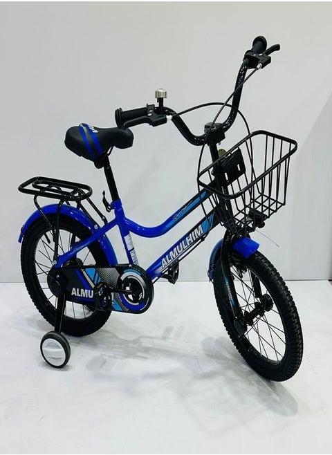 A blue bicycle with eye-catching details, featuring a sporty and modern design, making it attractive to boys who love adventure and speed. It has a front basket for carrying items and includes front and rear seats.