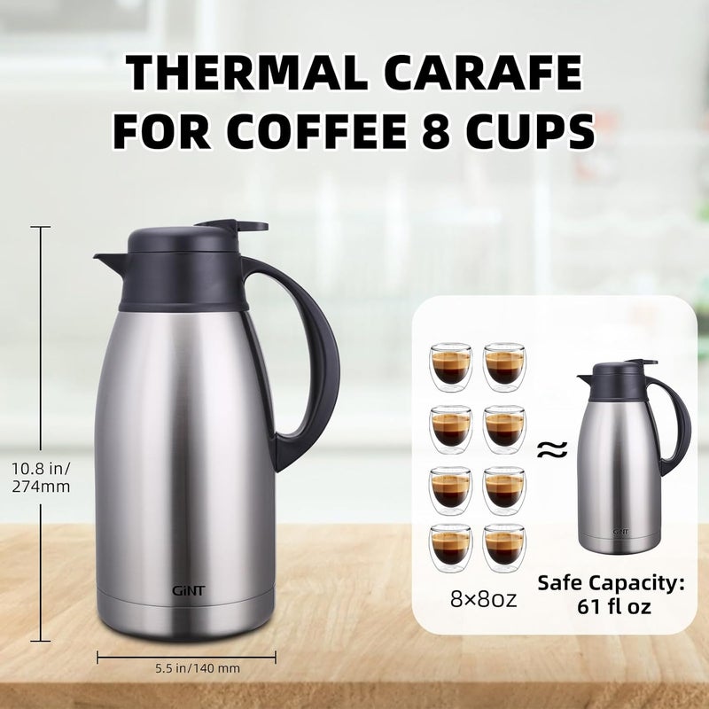 GiNT Stainless Steel Thermal Coffee Carafe, Double Walled Vacuum Water and Beverage Dispenser, 12 Hour Heat Retention, 65 OZ /1.9 Liter, Silver - Image 2