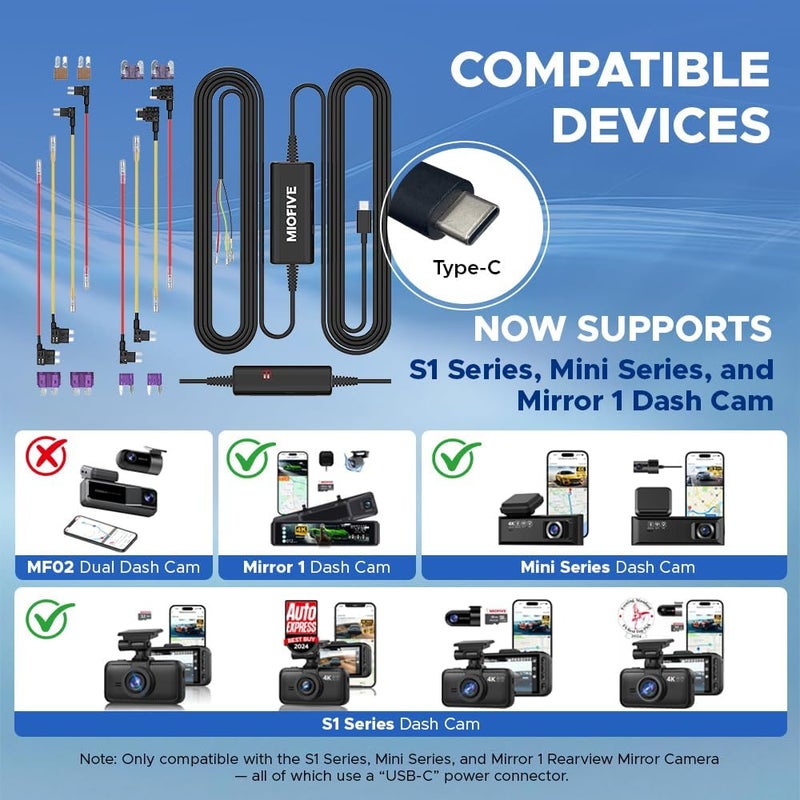 Miofive USB Type-C Hardwire Kit for S1/S1 Pro/S1 Ultra Dashcams - 11.5 ft / 350 cm with Parking Mode & Low Voltage Protection - Image 4