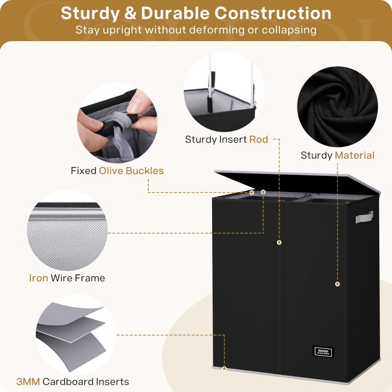 SOLEDI Double Laundry Hamper with Lid and Removable Laundry Bags - Large Dirty Clothes Hamper 2 Section - Collapsible Laundry Baskets for Bedroom, Bathroom, Laundry room, Apartment, Black - Image 5