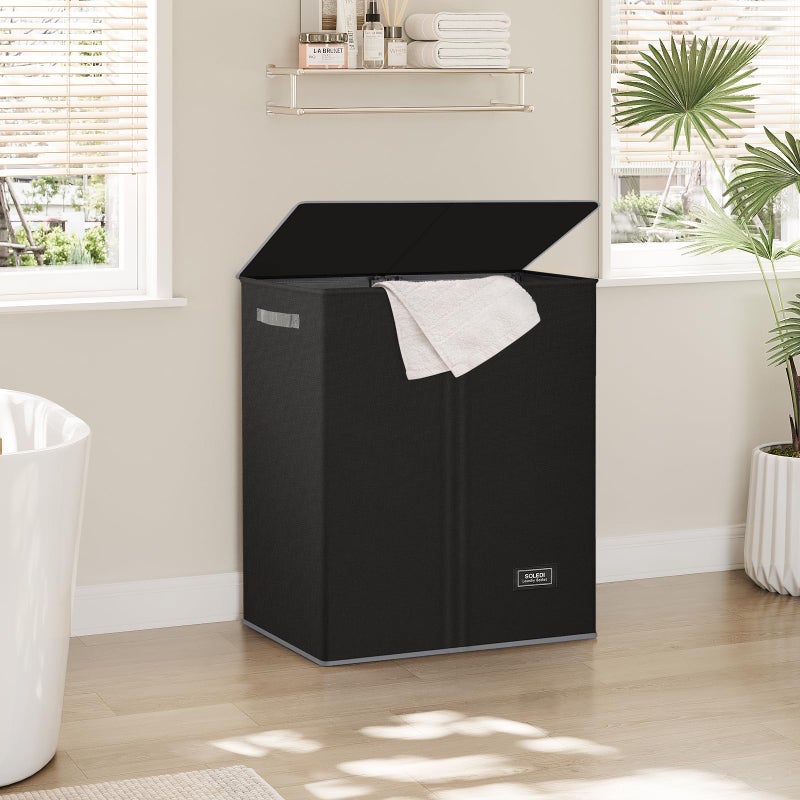 SOLEDI Double Laundry Hamper with Lid and Removable Laundry Bags - Large Dirty Clothes Hamper 2 Section - Collapsible Laundry Baskets for Bedroom, Bathroom, Laundry room, Apartment, Black - Image 2