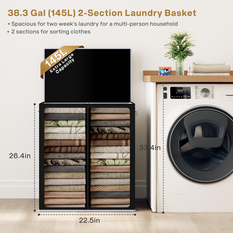 SOLEDI Double Laundry Hamper with Lid and Removable Laundry Bags - Large Dirty Clothes Hamper 2 Section - Collapsible Laundry Baskets for Bedroom, Bathroom, Laundry room, Apartment, Black - Image 3