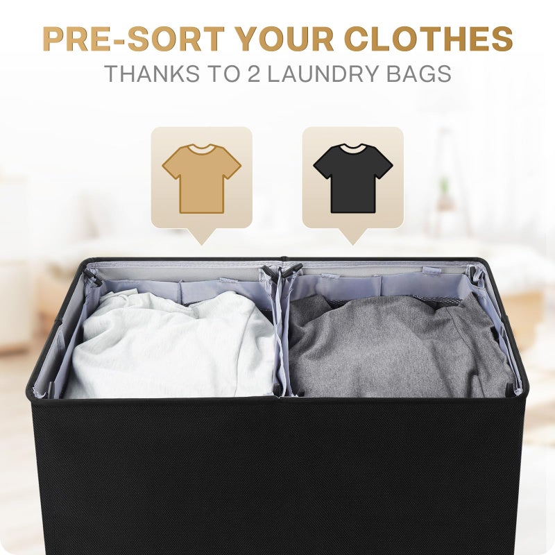 SOLEDI Double Laundry Hamper with Lid and Removable Laundry Bags - Large Dirty Clothes Hamper 2 Section - Collapsible Laundry Baskets for Bedroom, Bathroom, Laundry room, Apartment, Black - Image 4