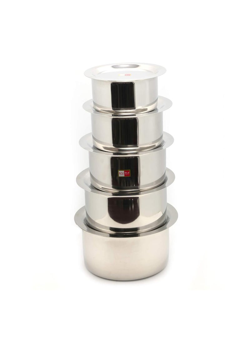 KCL - KCL Stainless Steel Kitchen Tope Induction & Standard Utensils with Lid Cookware Set (Pack of 10) - 1st Tope 750 ml, 2nd tope 1000 ml, 3rd tope 1500 ml, 4th tope 2000 ml, 5th tope 2300 ml - Image 1