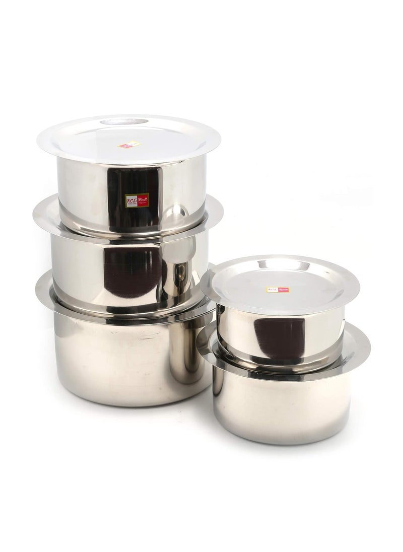 KCL - KCL Stainless Steel Kitchen Tope Induction & Standard Utensils with Lid Cookware Set (Pack of 10) - 1st Tope 750 ml, 2nd tope 1000 ml, 3rd tope 1500 ml, 4th tope 2000 ml, 5th tope 2300 ml - Image 1