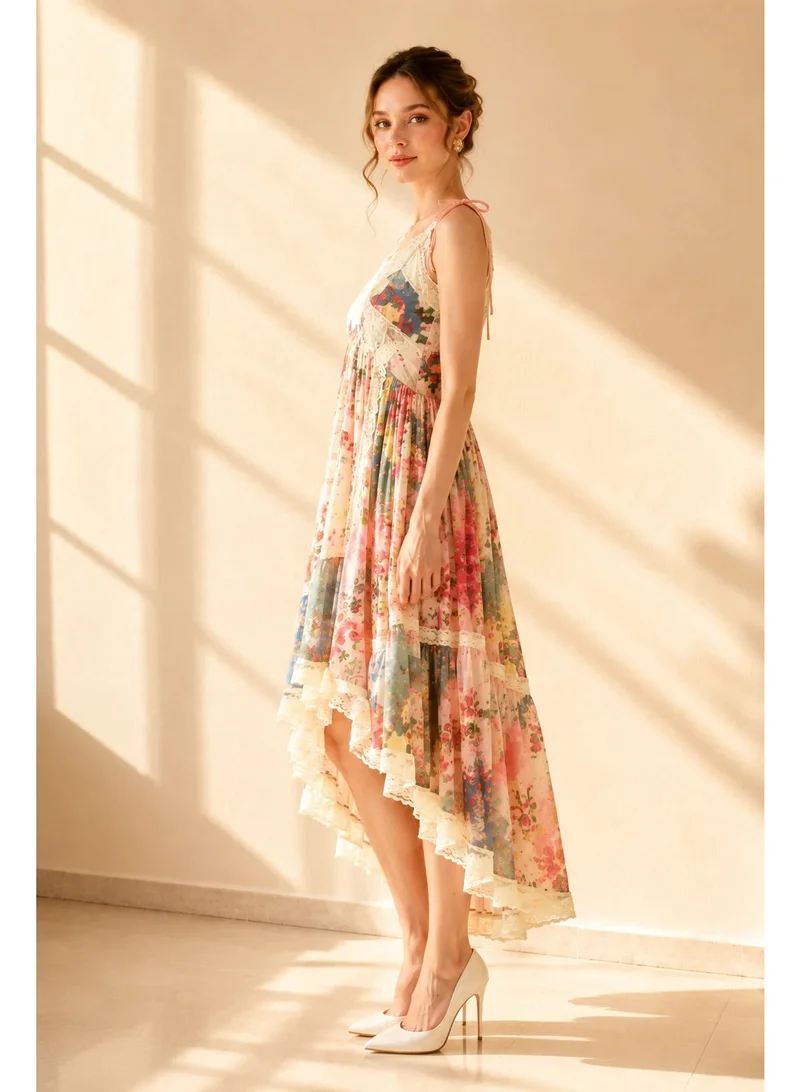 2Trendy Women's Beige Midi Dress with Bow Straps, Lace Trims and Floral Print