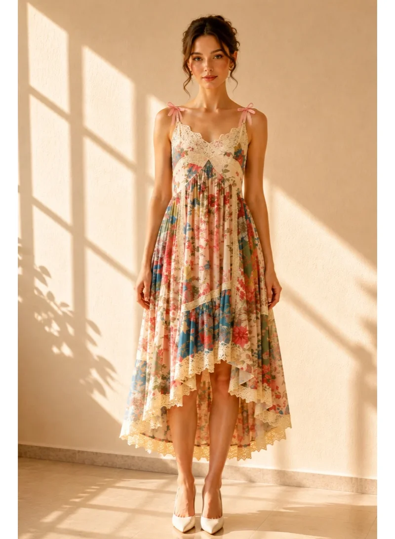 2Trendy Women's Beige Midi Dress with Bow Straps, Lace Trims and Floral Print