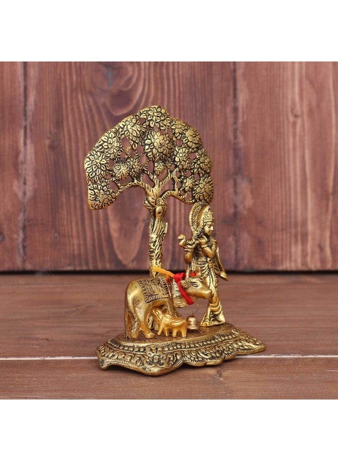 CHHARIYA CRAFTS Metal Krishna With Kamdhenu Cow Standing Under Tree Plying Flute Gift Item Decorative Showpiece For Home And Office Decor (Gold, Fantasy, 12 Cm, 8 Cm) - Image 2