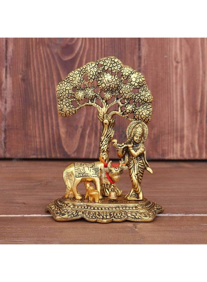 CHHARIYA CRAFTS Metal Krishna With Kamdhenu Cow Standing Under Tree Plying Flute Gift Item Decorative Showpiece For Home And Office Decor (Gold, Fantasy, 12 Cm, 8 Cm) - Image 1