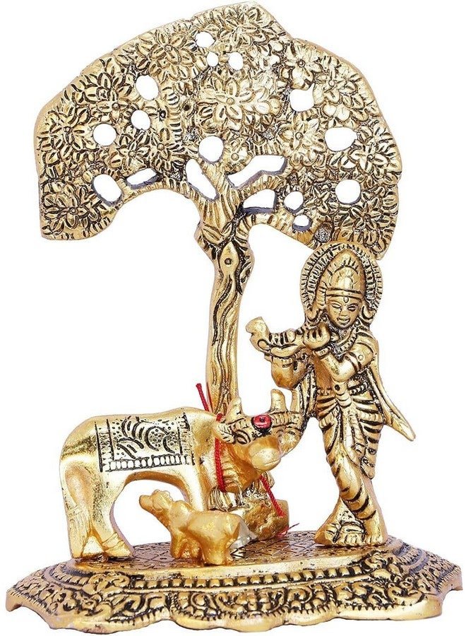CHHARIYA CRAFTS Metal Krishna With Kamdhenu Cow Standing Under Tree Plying Flute Gift Item Decorative Showpiece For Home And Office Decor (Gold, Fantasy, 12 Cm, 8 Cm) - Image 3