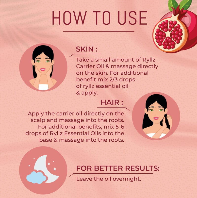RYLLZ ESSENTIALS Pomegranate Carrier Oil | For Hair care, Wrinkles, Fine Lines, Scars, Stretch Marks, Under Eyes, and Curly Hair | 100% Pure & Natural | cold-pressed & Extra Virgin Oil | 100ml - Image 5