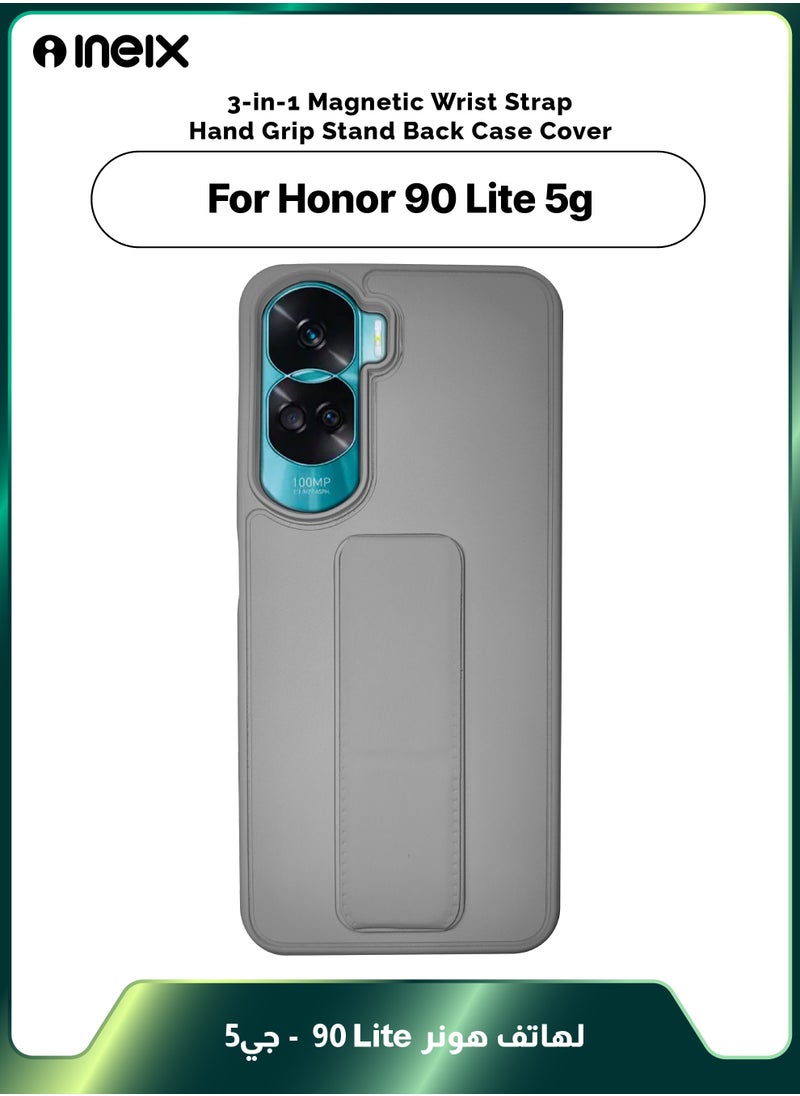 INEIX - 3-in-1 Magnetic Wrist Strap Hand Grip Stand Back Case Cover for Honor 90 Lite-Grey - Image 1