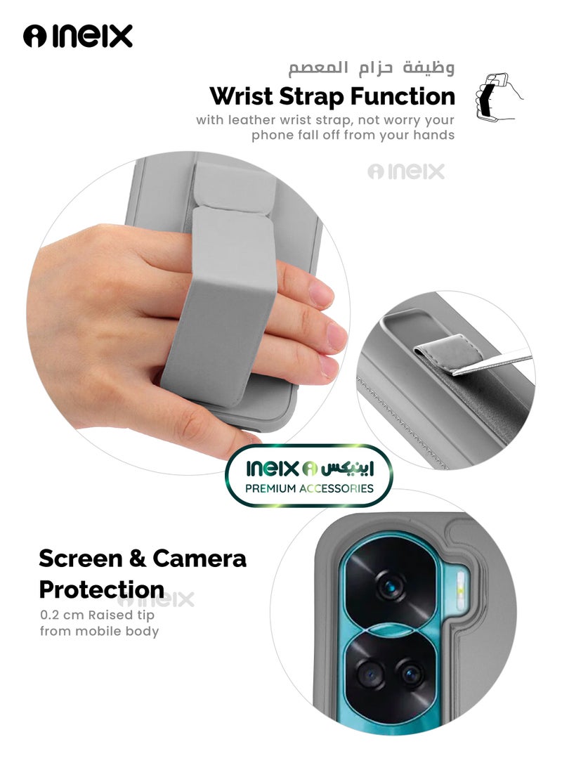 INEIX - 3-in-1 Magnetic Wrist Strap Hand Grip Stand Back Case Cover for Honor 90 Lite-Grey - Image 1