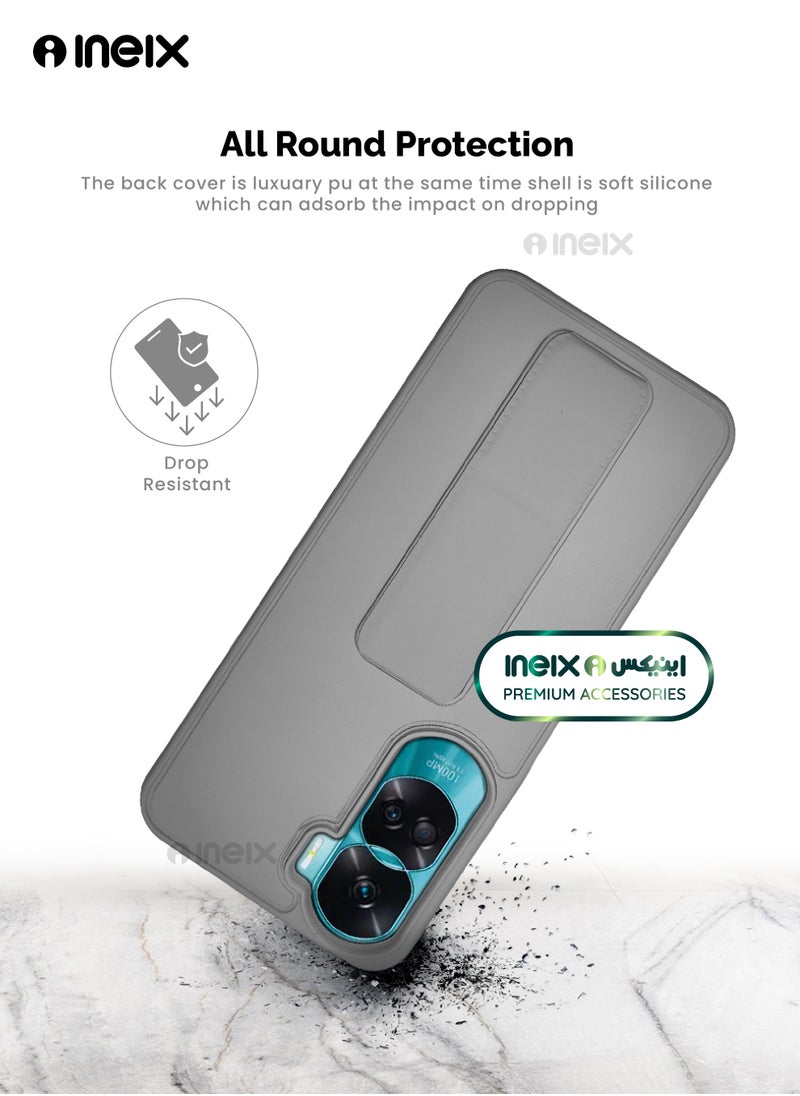 INEIX - 3-in-1 Magnetic Wrist Strap Hand Grip Stand Back Case Cover for Honor 90 Lite-Grey - Image 1
