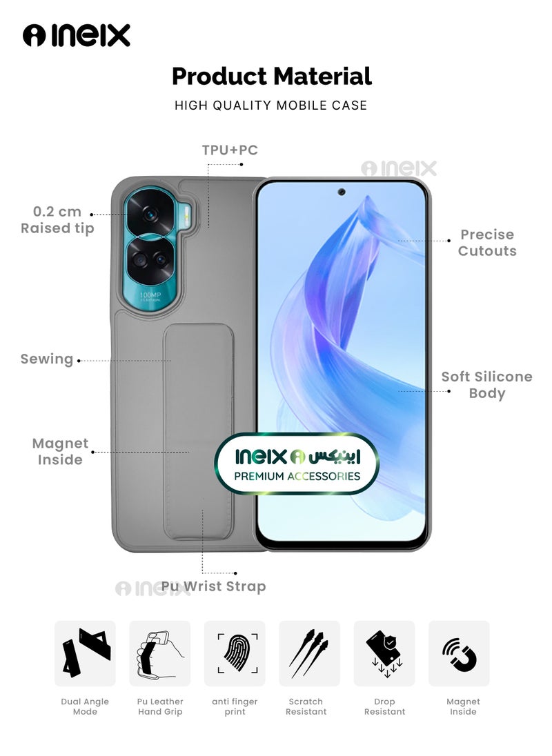 INEIX - 3-in-1 Magnetic Wrist Strap Hand Grip Stand Back Case Cover for Honor 90 Lite-Grey - Image 1