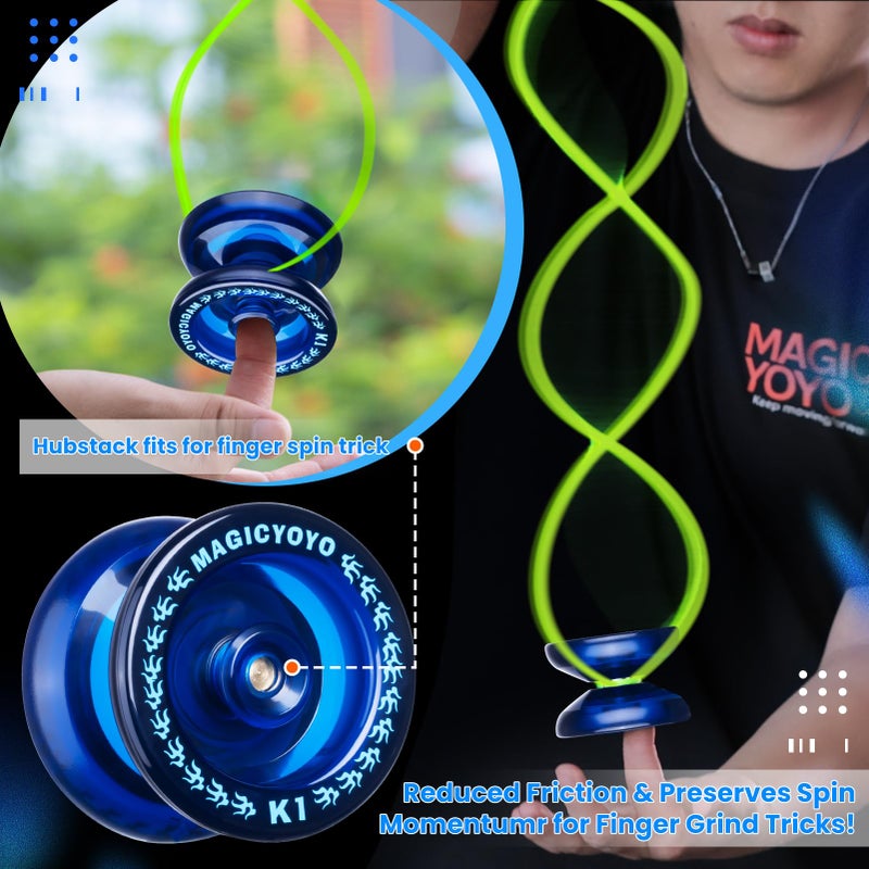 MAGICYOYO Responsive Yoyo K1 Tug Return Yo yo, Hubstacks Yo-yo for Kids Beginners Dual Purpose Yo Yo with Unresponsive Bearing, Storage Bag + 12 Strings +Yo-Yo Glove +2 Yo yo Hubstacks (Dark Blue) - Image 2