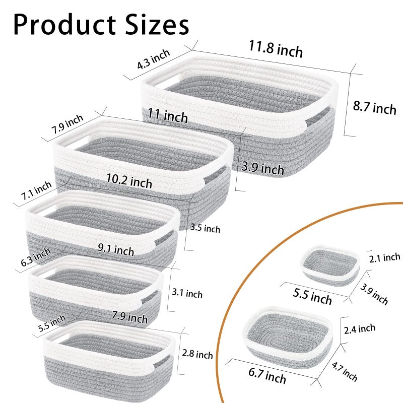 HLWDFLZ 7 Piece Cotton Rope Woven Basket Set - Small Basket for Baby Nursery, Pets, Montessori, Dog & Cat Toy Boxes, Bathroom Organization Bins (White/Gray) - Image 2